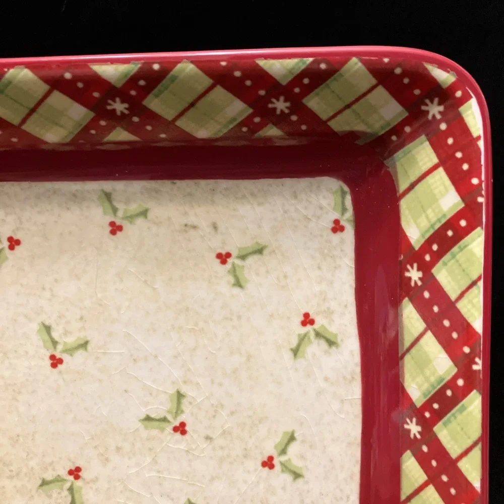Debbie Mumm JoAnn 2008 Holly Berries Square Porcelain Serving Platter Plaid Chip